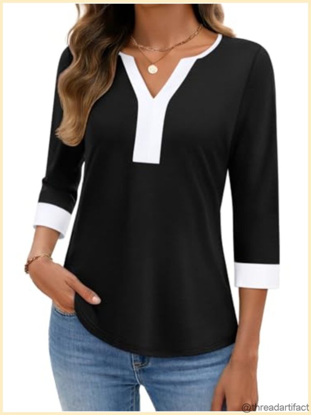 3/4 Length Sleeve Womens Tops Dressy Casual V Neck Blouse Tunic Work Top